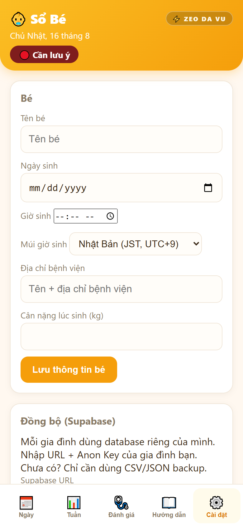 Cài đặt thông tin bé